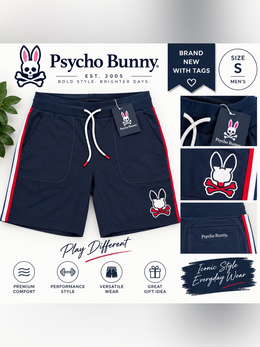 Psycho Bunny Navy Athletic Shorts with Red Trim